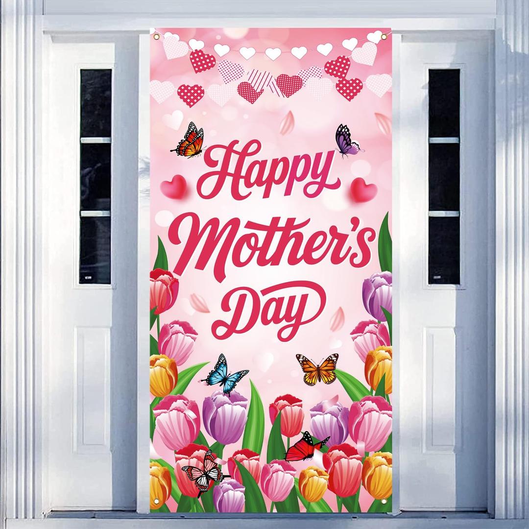Happy Mothers Day Door Cover, Mothers Day Decorations Front Door Banner, Pink Floral Door Cover for Mother's Day Party Supplies, 71 x 35 Inch