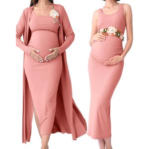 Rnxrbb 2 PCS Summer Fall Maternity Dresses Long Cardigan Set for Women (S)