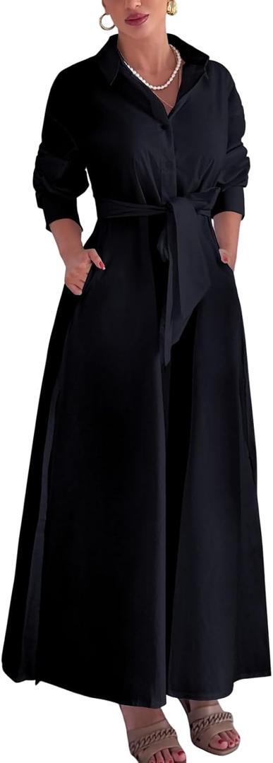 Choichic Shirt Dresses for Women Oversized Side High Slit Long Sleeve Button Down Maxi Dresses Cover Up with Pockets Belt, small