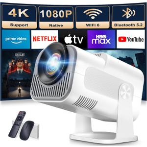 Built-in AppsMini Projector 1080P, 4K Projector Full HD with WIFI 6 and Bluetooth 5.2, Support 270 Rotatable Portable Projector with Auto Keystone Correction,Compatible with Phone/HDMI/USB-White
