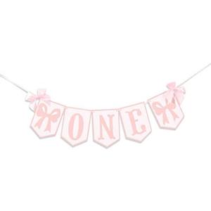 Pink and White Highchair Banner - Bow One Banner, Pink White Party Decor- Girl First Birthday Decor Cake Smash Prop (BOW PINK ONE)