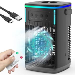 Portable Air Conditioners with Remote, 4-in-1 Portable AC with 1500ml Water Tank, 3 Wind Speeds, 6H Timer, 2 Cool Mist, 7 Lights, Personal Mini Air Conditioner for Room Bedroom Office (Black)