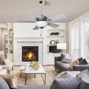 42 inch Ceiling Fan with Light, Low Profile Ceiling Fan with Light, Fan Pull Chain with 5 Dual Sided Blades, 3 Speed DC Reversible Motor, Fan for Bedroom, Kitchen, Living Room for E26 Base (Bright Chrome Plating Wood)