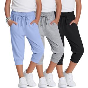 3 Pack Girls Capri Joggers Casual Teen Drawstring Cropped Sweatpants Summer Kids Lightweight 3/4 Pants with Pocket, Light Blue, Light Gray, Black 13-14y