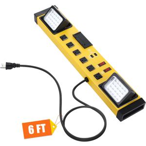 6 Outlets Power Strip with LED Worklight, Metal Heavy Duty Wall Mount Workbench Power Strip with 6FT 14/3 AWG Cord, 2 USB Ports, 15A Circuit Breaker for Home Office Garage Workshop