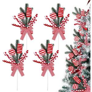 Peppermint Christmas Tree Picks Set of 4, Red and White Candy Cane Ornament Sprays with Bows and Greenery, Christmas Tree Topper Decorations, Peppermint Christmas Decor for Tree, Wreath and Garland