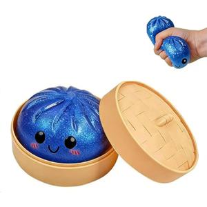 Glitter Dumpling, 2026 Upgrade Glitter Dumplings Squishy Box, Soft Squeeze Decompression Dough with Food Steamer, Stress Relief, Blue