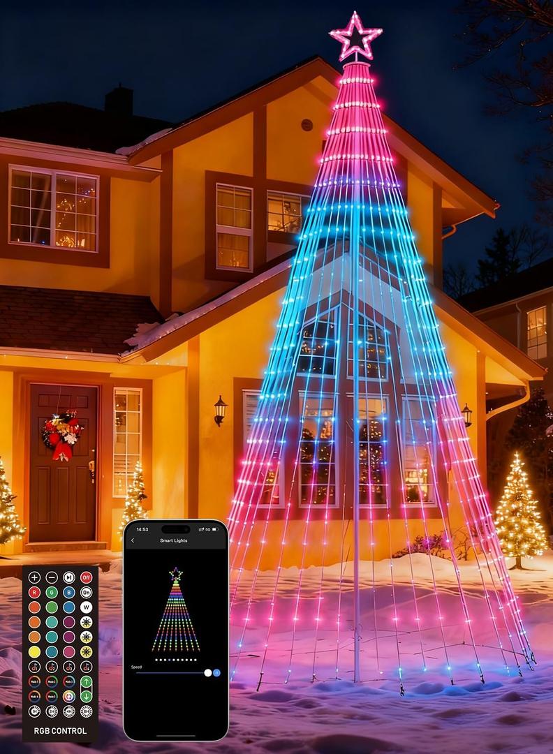 ORVAKAL 17FT Christmas Tree Lights with 564 LEDs, RGB Color Changing String Lights with Remote & Smart App Control, 52+ Modes, IP67 Waterproof Waterfall Lights with Pole for Xmas Outdoor Decorations