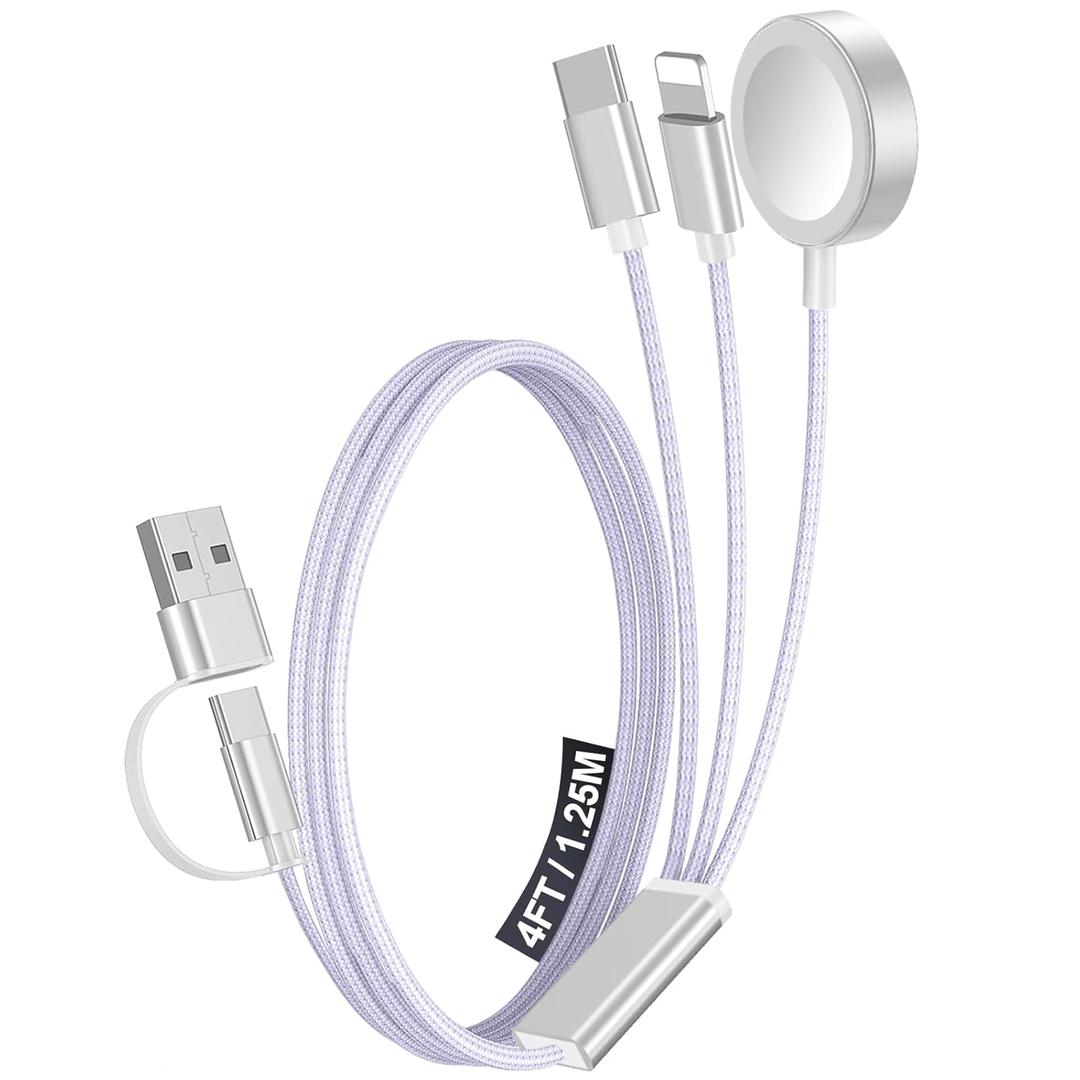 1Pack Multi Charging Cable Cord for Travel Essentials,Apple Watch Charger,iPhone Charger,[3-in-2] Type C/L Cable Portable Designed for iWatch,iPhone 17-8,Galaxy S25-21,AirPods,iPad-4FT Purple