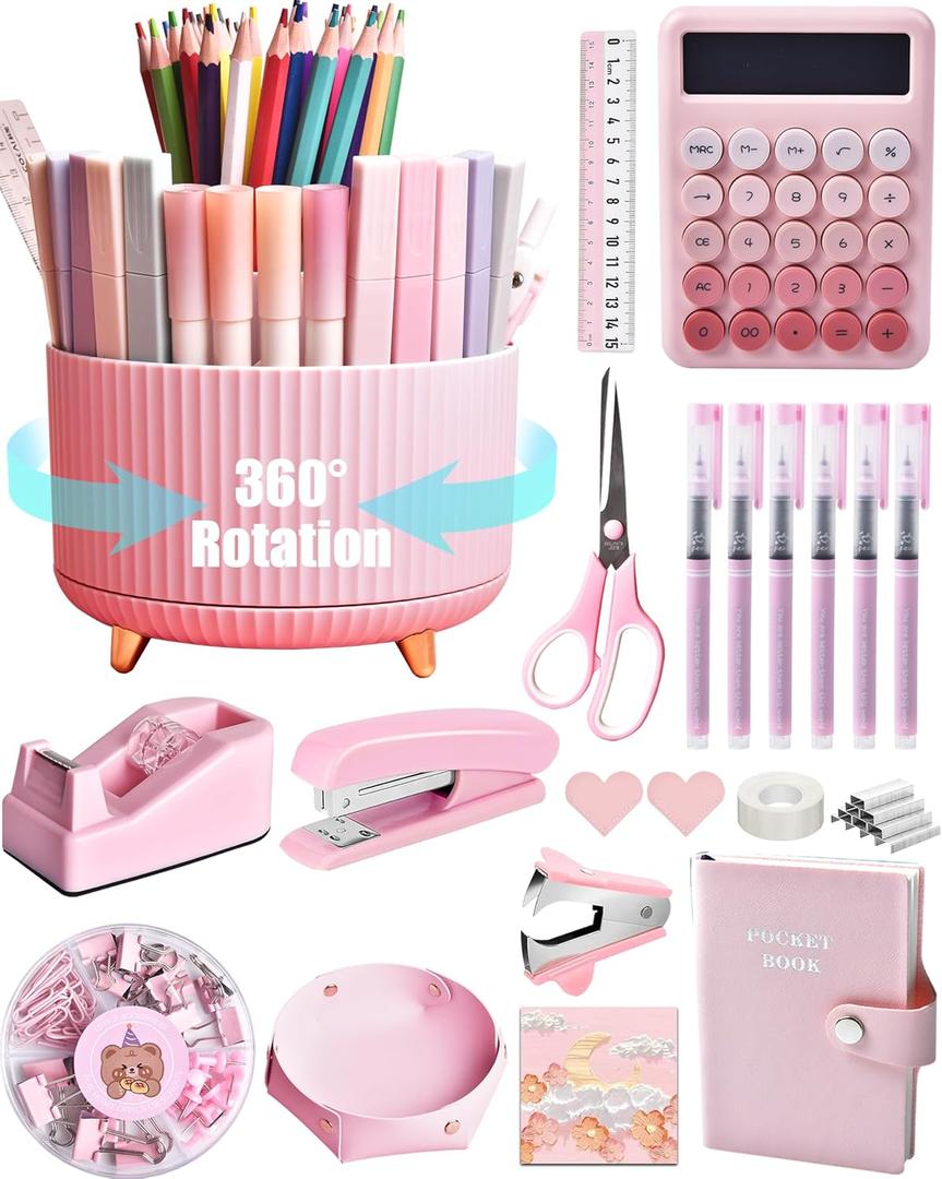 Pink Desk Accessories, 20Pc Office Supplies and 360Pen Holder Desk Organizers, With Tape Dispenser, Stapler, Staple Remover, Ect, Let the Color Pink Fill Your Desktop