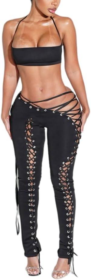 NIFTRIRY Sexy Club Outfits for Women Two Piece Set Halter Tube Tops High Waist Lace-Up Pants Matching Sets, Small