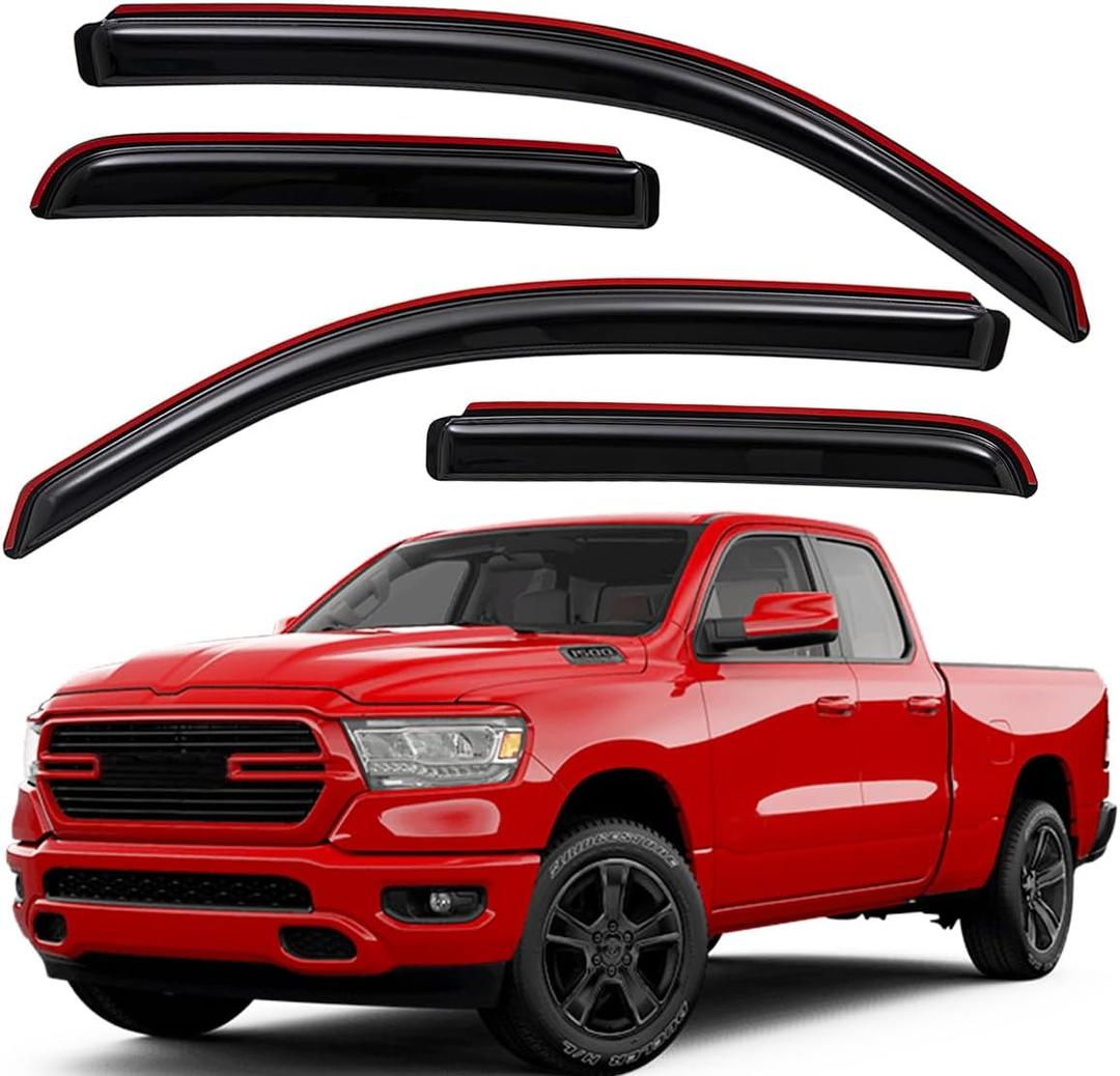 Lightronic Extra Durable Clip-on in-Channel Auto Vent Window Visor, Fits 2019-2025 Ram 1500 Quad Cab (Not Fit 1500 Classic Model), UV-Protect Rain Guard, Original Wind Deflector, Dark Smoke, 4-Pcs