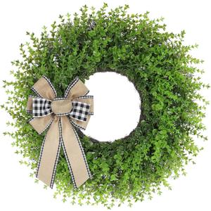 CYANBLOOM 24 Inch Farmhouse Greenery Wreath with Buffalo Plaid Bow  Artificial Boxwood Front Door Wreath for Year-Round Home Dcor, Rustic Wall & Entryway Decoration