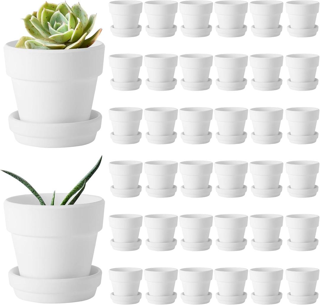 Lallisa 36 Pieces 3 Inch Mini Terracotta Pots with Saucers and Drainage Hole White Paintable Pottery Small Clay Pots for Crafts Mini Planters for Succulents Cactus Flowers Garden Crafts Wedding Decor