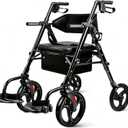 Foldable 2-in-1 Rollator Walker for Seniors with Seat, Lightweight Transport Wheelchair Combo 300 lbs Capacity, All-Terrain Tires, Anti-Tip Brakes, Adjustable Height 33.5"-40"