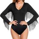American Trends Women's Fringe Trim V Neck Long Sleeve Bodysuit Top Body Suit Concert Cowgirl Disco Outfits Leotard Jumpsuit L