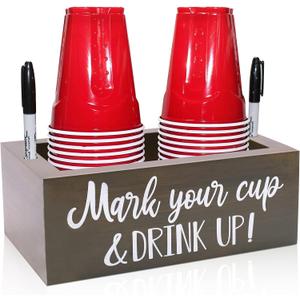 Grey Double Cup Holder, Zingoetrie Wooden Party Cup Organizer Storage Party Cup Dispenser Cup Mark Your Cup and Drink Up for Bathroom Kitchen Bar Counter Rustic Farmhouse Home Party Decor