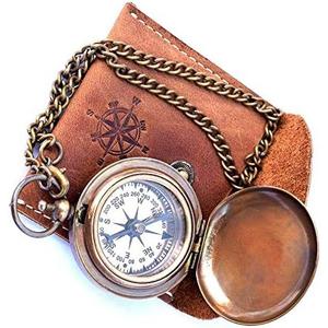 Handmade Nautical Brass Push Open Compass On Chain with Leather Case Pocket Compass Gift Compasses Rustic Vintage Home Decor Gifts