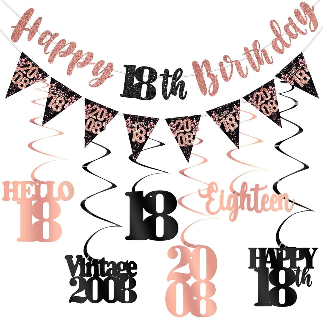 18th Birthday Decorations for Girls, Black Rose Gold Happy 18th Birthday Banner Hanging Swirls Vintage 2008 Birthday Decorations Kit Hello 18 Party Supplies