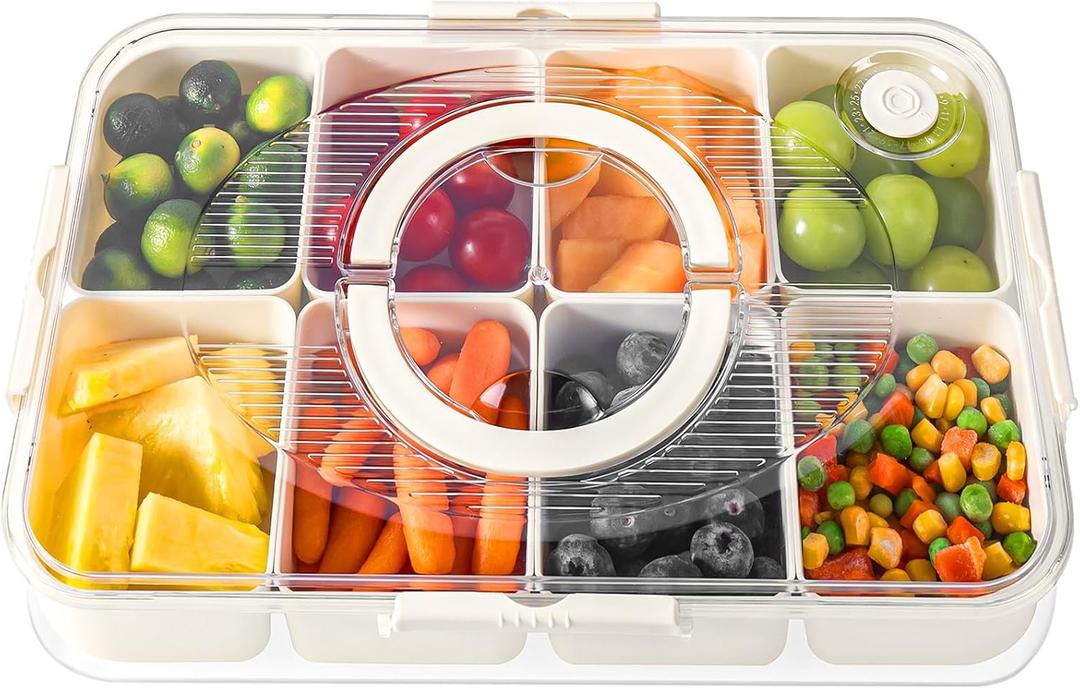 LUXEAR Divided Serving Tray with Lid and Handle Snack Box Charcuterie Container Dishwasher Safe 8 Compartment Snack Platters Portable Clear Organizer for Fruits, Candy, Snacks, Picnic, Travel (1pack white)
