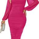 ZESICA Women's Sexy Ruched Bodycon Midi Dress Long Puff Sleeve Square Neck Backless Cocktail Party Wedding Dresses (Pink, L)