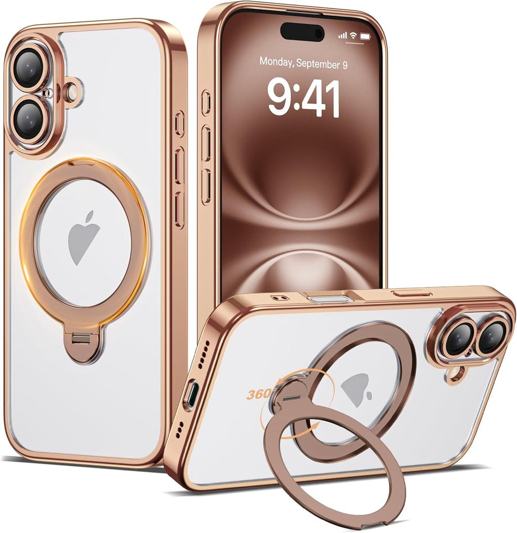 Compatible with iPhone 16 Case with 360 Spin Magnetic Ring Stand [Compatible with Mag-Safe] Full Camera Lens Protector Plating Clear Phone Case for iPhone 16 6.1", Desert Gold