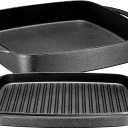 Bruntmor 2-in-1 Pre-Seasoned Cast Iron Dutch Oven and Grill Pan with Dual Handles - 11-Inch Non Stick Square Casserole Dish with Lid - Cast Iron Cookware for Braising, Crock Pot and Oven Safe Skillet (Black)