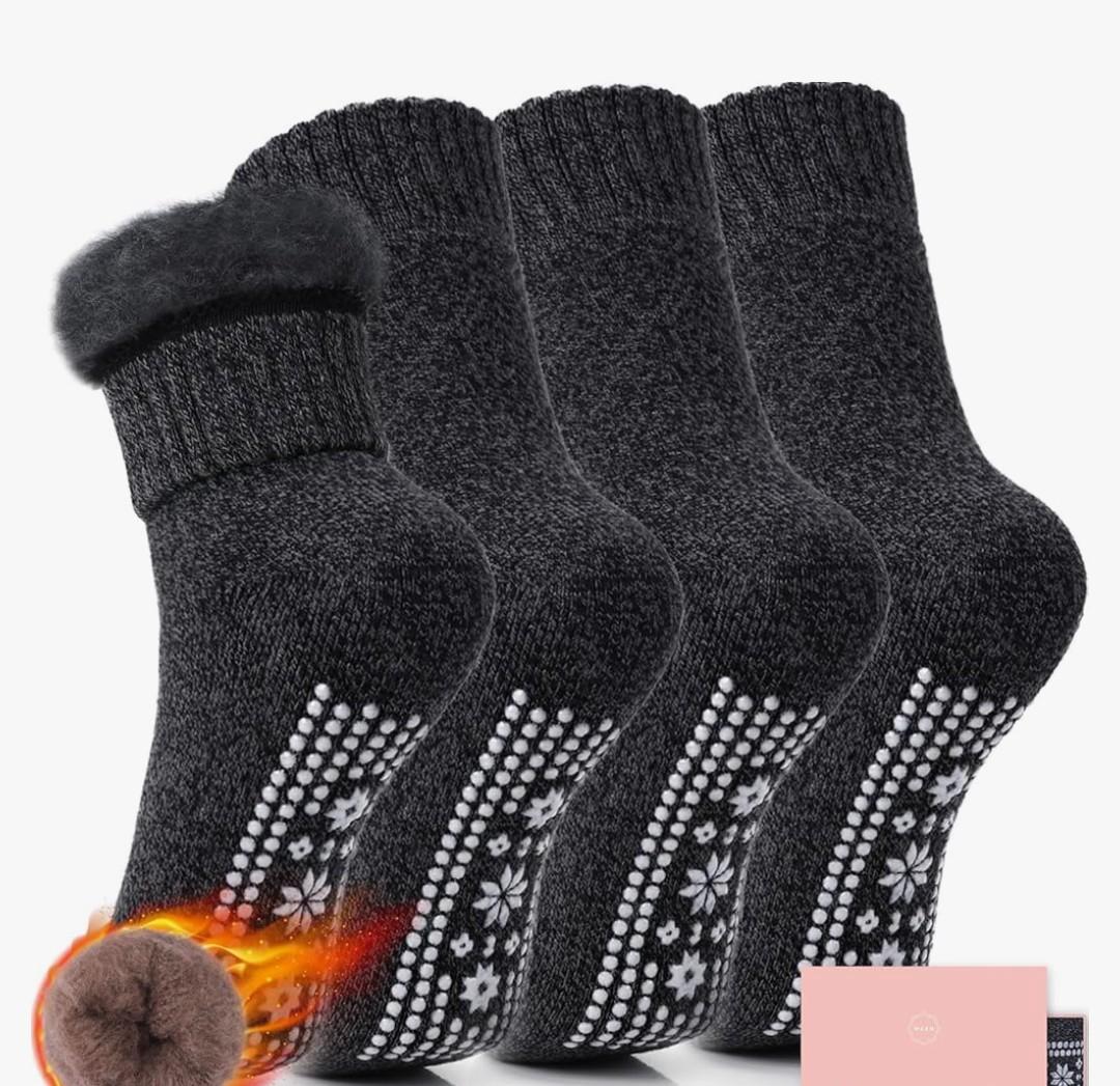 HUGSWEET Thermal Slipper Socks, Anti Slip Hospital Socks Women Winter Soft Warm Cozy Fluffy Plush Grip Socks 4 Pairs