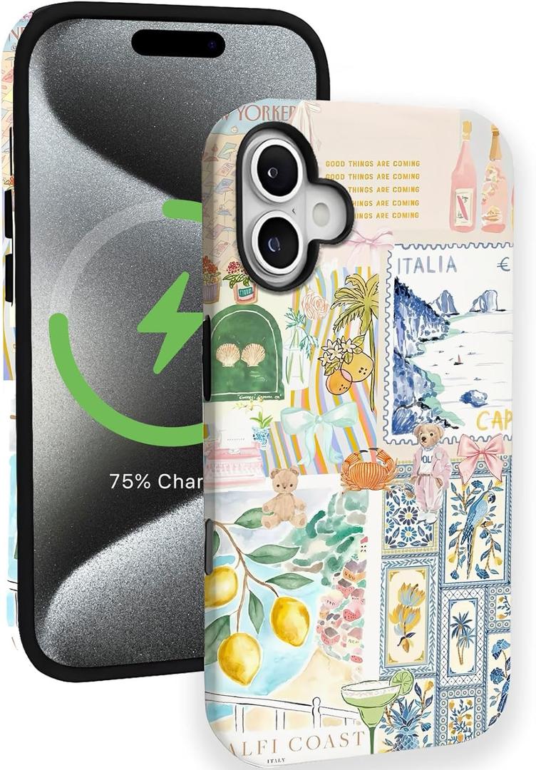 Compatible for iPhone 15 Pro Case Compatible with MagSafe [6ft Drop Tested] Rugged Shockproof Protective Phone Case for Women Men Collage Cute Bows Italy Summer Lemon Aesthetic Design Multicolor