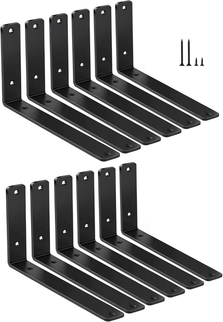 12 Pack - L 10" x H 6" x W1.5, 5mm Thick Black L Shelf Bracket, Iron Shelf Brackets, Metal Shelf Brackets, Floating Shelf, Shelf Supports with Screws