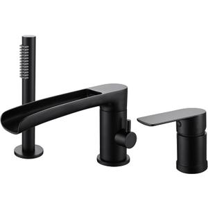TapLong Waterfall Roman Tub Faucet with Hand Shower, Widespread Deck Mount Bathtub Faucet with Sprayer, Single-Handle 3-Holes Bathtub Shower Faucet Set in Matte Black, 03119B
