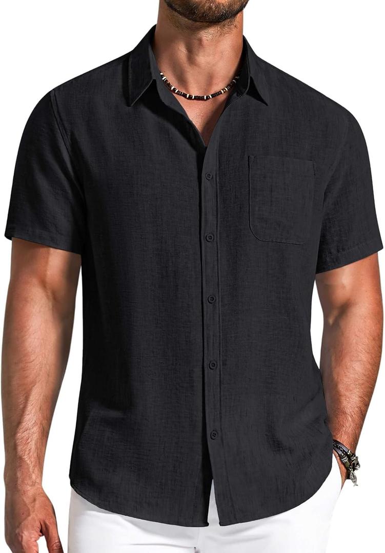 COOFANDY Men's Button Down Shirts Short Sleeve Casual Shirt Summer Beach Textured Shirts (Black, XL)