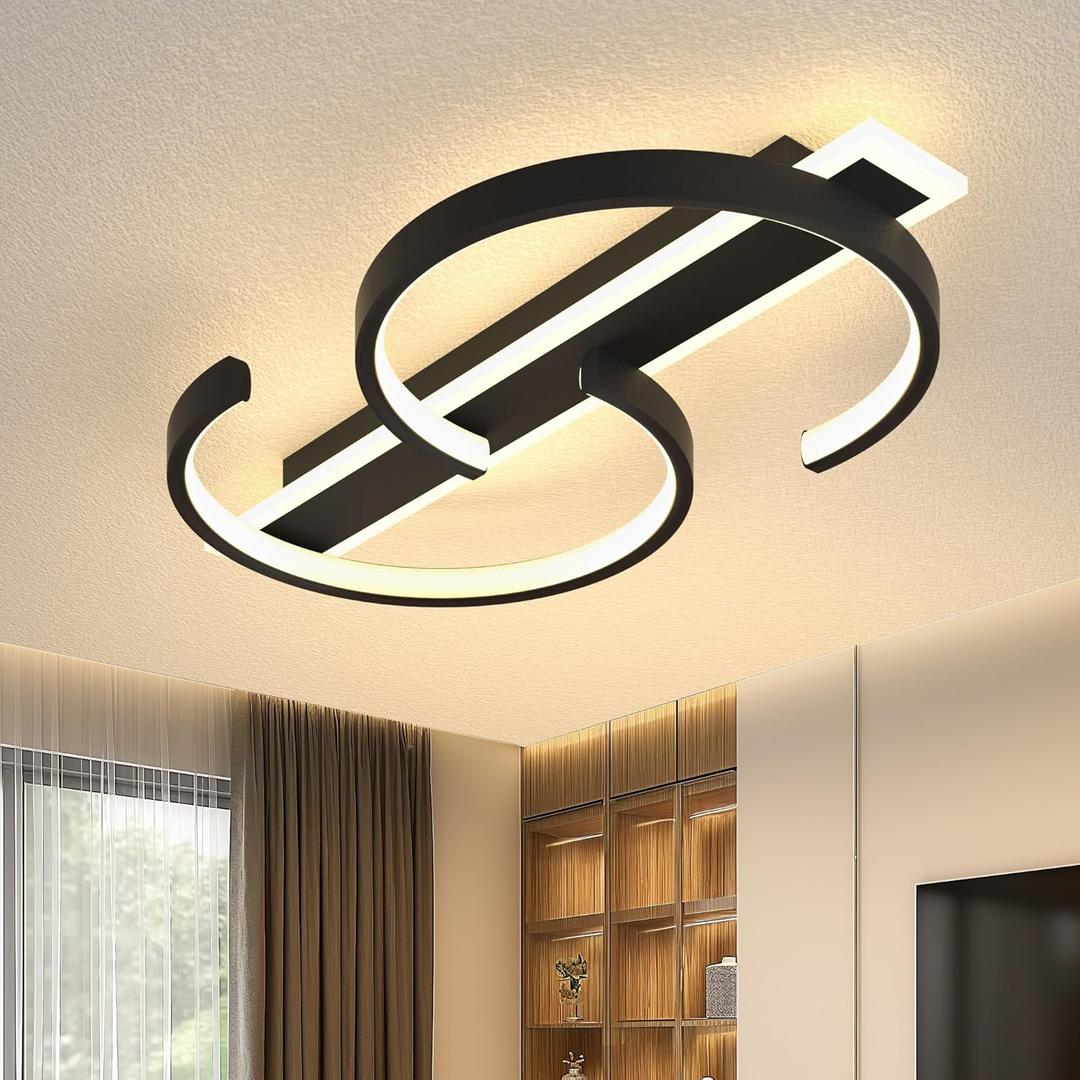 LED Ceiling Light 2 Rings Black Modern Flush Mount Ceiling Lamp with Remote 3000-6000K Living Room Light Fixture 23.62in for Bedroom Dining Room Office