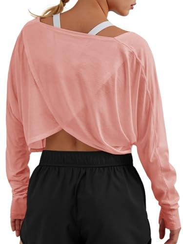Fisoew Womens Long Sleeve Workout Tops Athletic Shirts Cropped Crossover Back Loose Running Gym Tee with Thumb Holes Pink