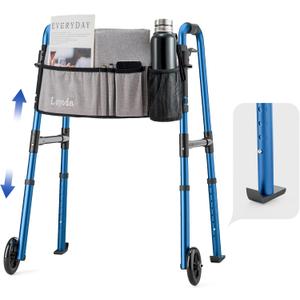 Loyoda Folding Walker for Seniors, Front Wheel Walker with Storage Bag & Rear Ski Glides, Height Adjustable, 350lbs Capacity, Blue