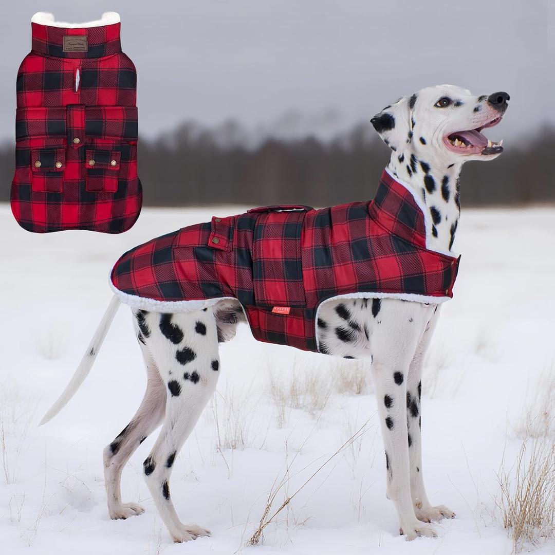 KYEESE Dog Coat Thick Dog Coats for Medium Dogs Soft Dogs Jacket with Pocket Waterproof Pet Clothes for Cold Weather Windproof Pet Coat with Fleece Lined Warm Pet Winter Puffer Coat with Leash Hole (XX-Large, 12#Red Plaid)