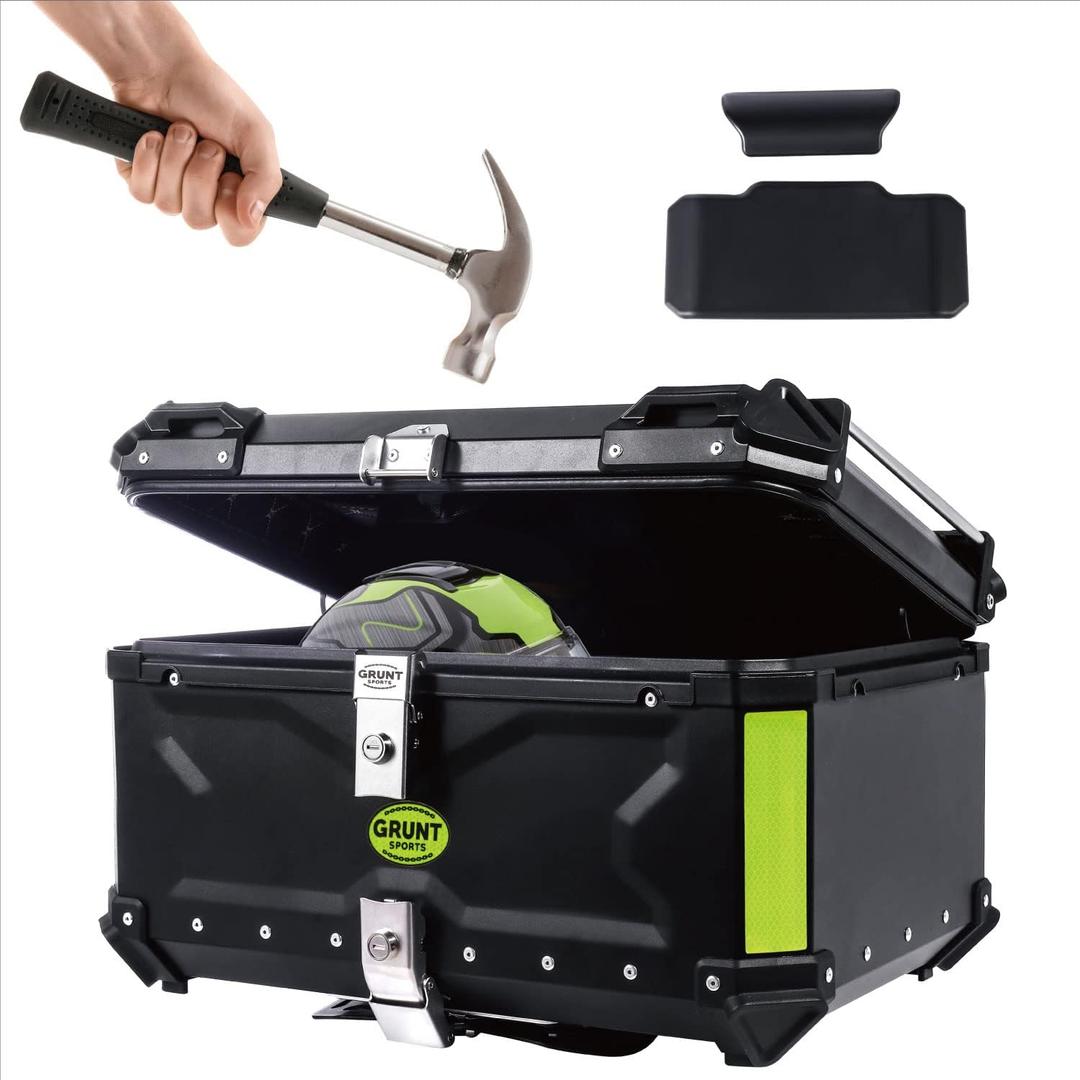 GRUNT SPORTS 55L Motorcycle Tail Box Top Case - Scooter Universal Storage Trunk  Waterproof Aluminum Luggage Tour Helmet Box with Security Lock - Includes Back Cushion (Black, 55L)