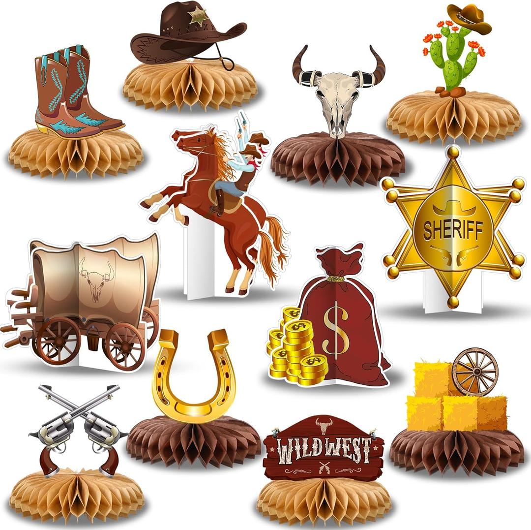 12 Pcs Western Cowboy Party Decorations Honeycomb Centerpieces - Double-Sided 3D Table Toppers for Wild West Theme, My First Rodeo Birthday, Nashville Bachelorette & Baby Shower Supplies