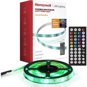 Honeywell 8.2ft USB Powered LED RGB Strip Lights for Home Decor, Mounted Under Cabinet Lights, with 4 Sound Sync Music Modes, Remote Control & Dimmable Lights