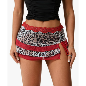 Women Y2K Ruffle Mini Skirt Sexy Low Waist Leopard Print Short Skirt 90s Vintage Lace Trim Layered Mesh Micro Skirt, Size S