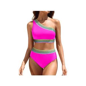 Tempt Me Vibrant Pink One-Shoulder Bikini with Textured Stripes Medium