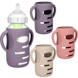 BUSOHA 3 Pack Silicone Sleeves for Dr. Brown's Glass Baby Bottles - Drop Protection Baby Bottle Sleeves Compatible with Dr. Brown's Newborn Glass Bottles with Silicone Handles,9oz (Dark Gray+Beige+Pink)