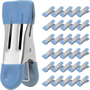 Clothes Pins Heavy Duty 30 Pack - 2.17 Inch Metal Chip Clips, Clothespins for Photo Drying Clothesline Laundry Sock, Bag Clips for Food Kitchen Stainless Steel with Rubber, Blue