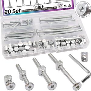 Taiss 20 Set Crib Screws M6x20mm/40mm/60mm/80mm Baby Bed Crib Screws Hardware Replacement Kit,Bunk Bed Bolts Hex Socket Cap Screws Bolt with Barrel Nuts/Wrenches for Beds Furniture Headboards (Silver)
