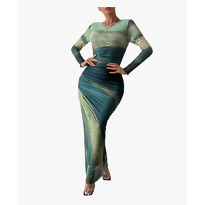 MARZXIN Womens Long Sleeve Maxi Dress Bodycon Ruched Natural Slim Fit Tie Dye Dress Cocktail Dresses Mesh Dress, M