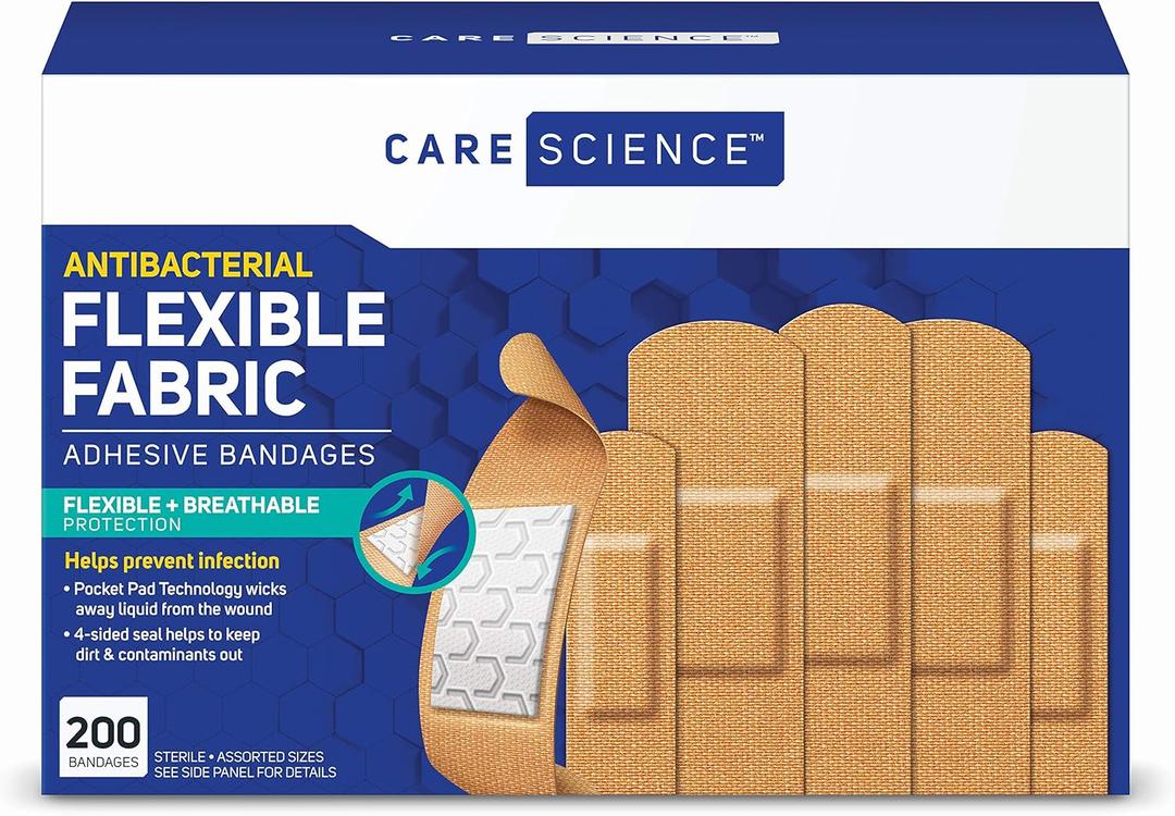 Care Science Fabric Adhesive Bandages, 200 ct Bulk Assorted Sizes | Flexible + Breathable Protection for First Aid and Wound Care