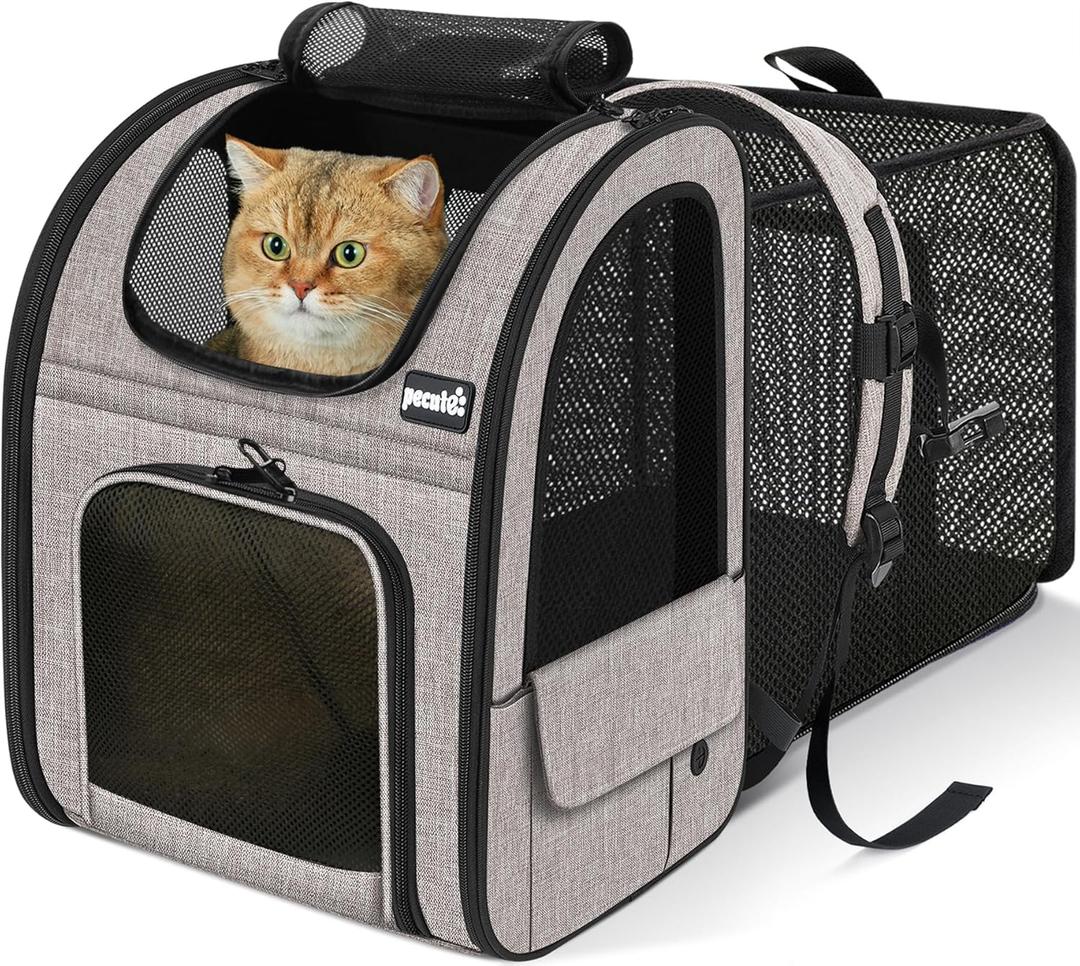 Pecute Cat Backpack Carrier Expandable, Pet Backpack for Cats & Small Dogs Up to 11lbs, with 4-Side Breathable Mesh, Multi-Entry & Lockable Zippers for Travel, Hiking, Camping - Hands Free, Khaki