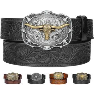Leather Western Belts for Woman Men - Bull Buckle, Cowboy Cowgirl Country Embossed Belt for Jeans Women Mens Gifts (for 30"-34" waist)