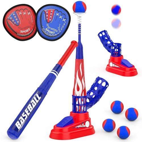 Hepoasky 3-in-1 Kids T-Ball Set for Toddlers 3-5 with Fixed Tee Ball Stand, Baseball Launcher, Toss and Catch Ball Game - Outdoor Sports Toy Gift for Boys and Girls