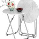 TV Tray Table, Round Folding Table, Foldable Snack Tray for Eating, Small Folding Table Set of 2, Dinner Table for Couch, Living Room, Small Space (White Marble, 2Pcs)